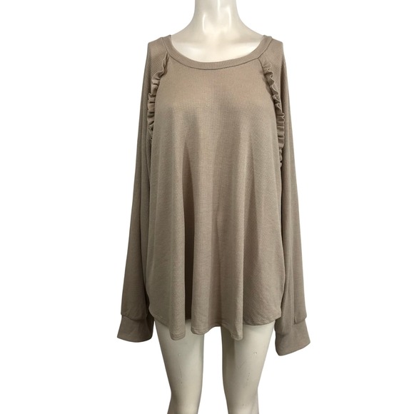 Like Love Tops - LIKE LOVE Tan Waffle Knit Ruffle Sleeve Long Sleeve Top Women's 2X